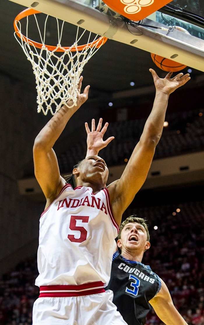 Indiana's Malik Reneau (5) scores in front of St. Francis' Joe Reidy (3) during the Indiana versus St. Francis men's basketball game at Simon Skjodt Assembly Hall on Thursday, Nov. 3, 2022.